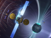 Cartoon electrostatic discharge on satellite in space